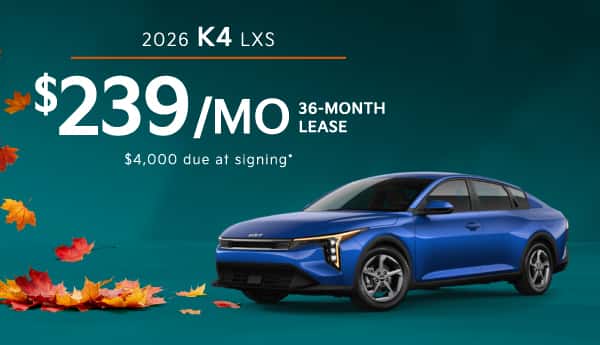 2026 Kia K4 LXS: Lease for $239/month for 36 months*