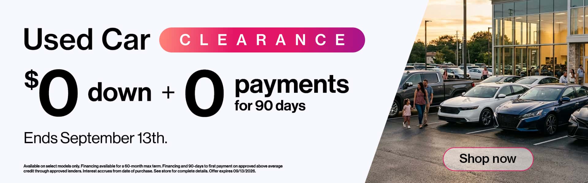 Clearance event banner featuring a white SUV advertising zero payments for 90 days