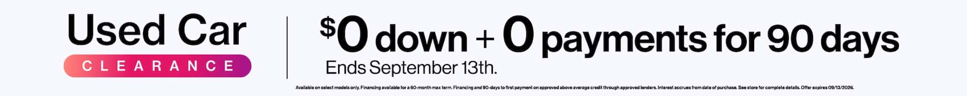 Clearance event banner featuring a white SUV advertising zero payments for 90 days