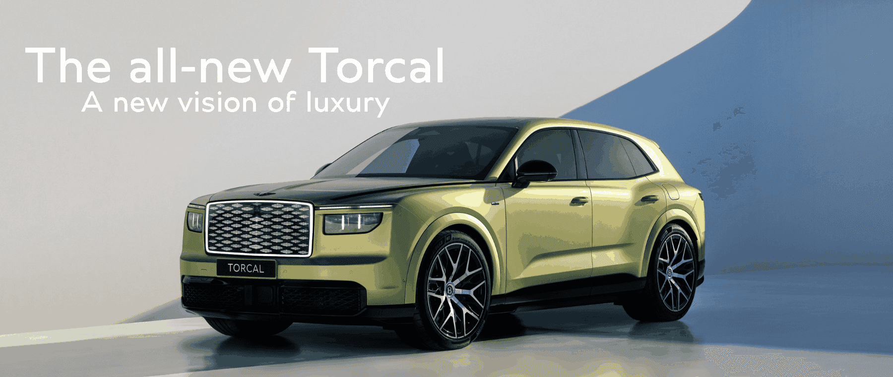 Green Bentley Torcal SUV shown from the front at an angle with the headline ‘The all-new Torcal. A new vision of luxury.