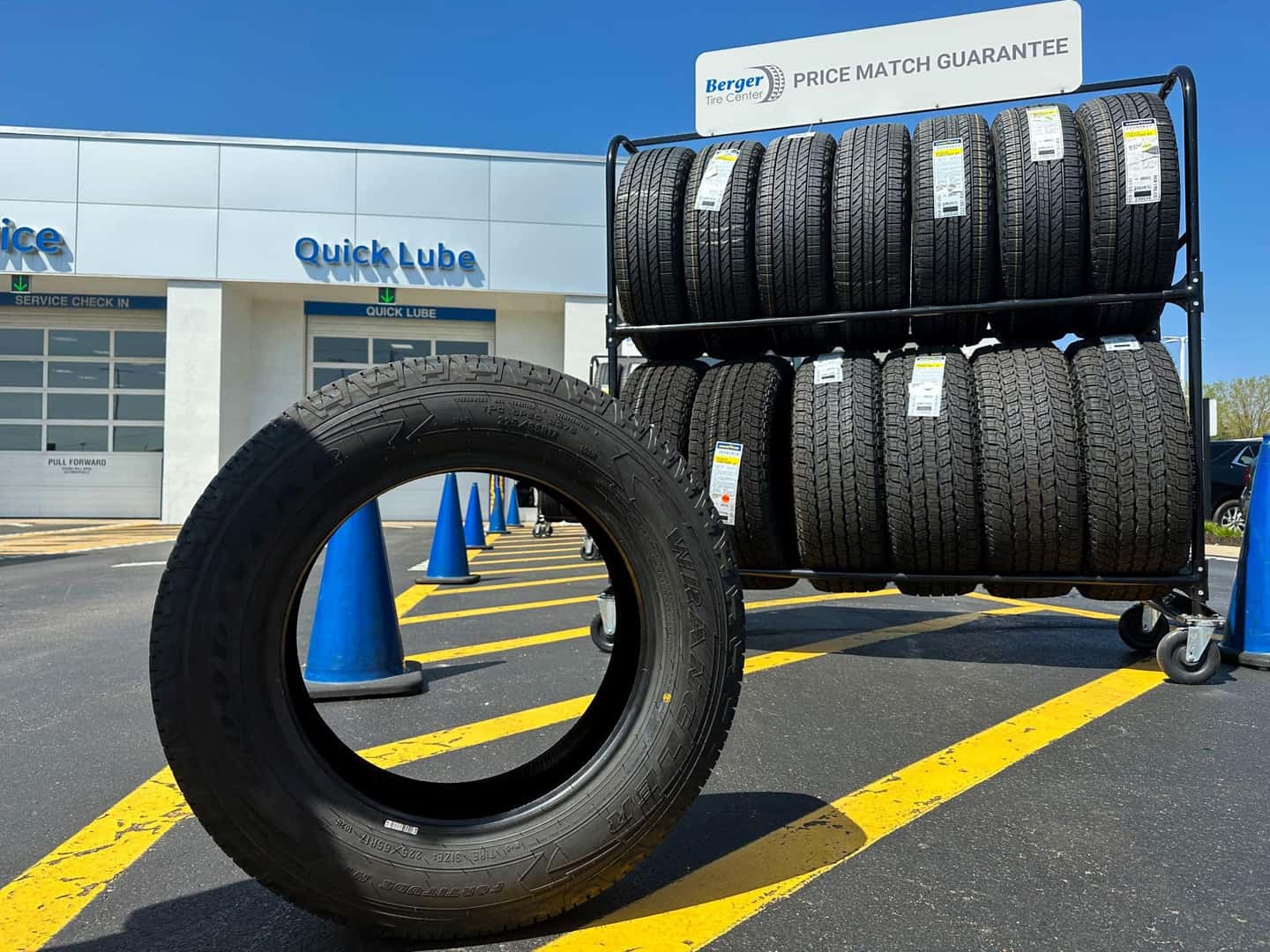 Rack of tires in front of service department