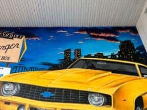 Close up of the painted Grand Rapids skyline in Berger's mural