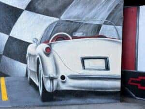 Close up of the painted 1954 Corvette in Berger's mural
