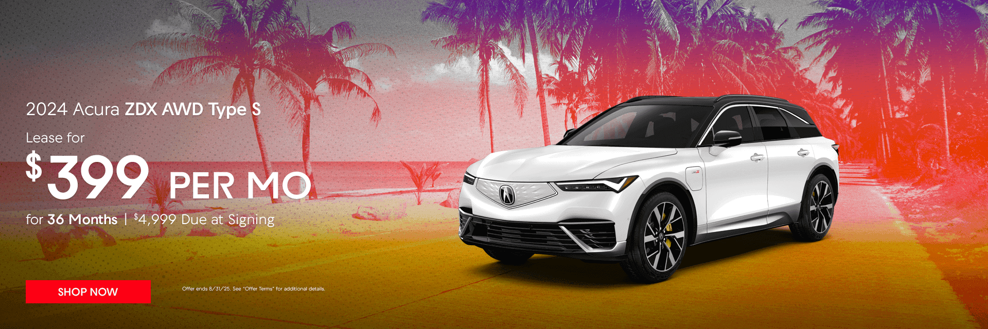 2024 Acura ZDX AWD Type S Subtext (no change) Lease for $399/mo. for 36 Months $4,999 Due at Signing