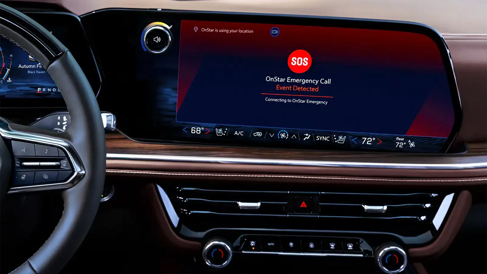 Chevrolet touch-screen showing an OnStar emergency call in progress