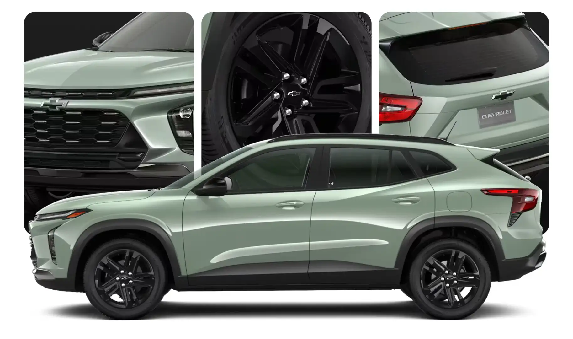 2026 Chevrolet Trax side profile with inset details of the wheel, cargo area and interior