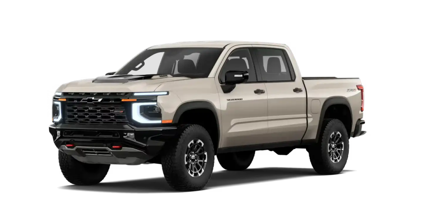 Tan Chevrolet Silverado pickup truck in profile