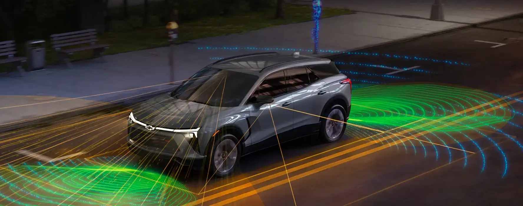 Chevrolet SUV with illustrated sensor waves showing its safety technology