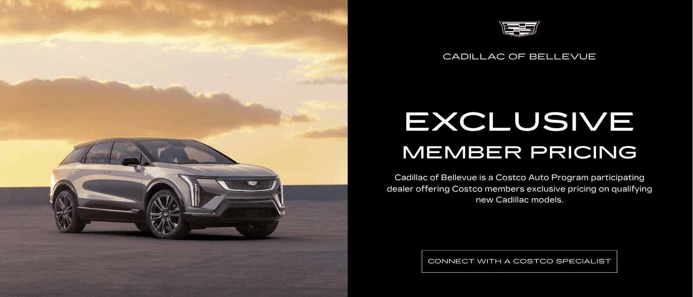 New Cadillac OPTIQ at sunrise with Cadillac of Bellevue Costco Auto Program Participating Dealer message.
