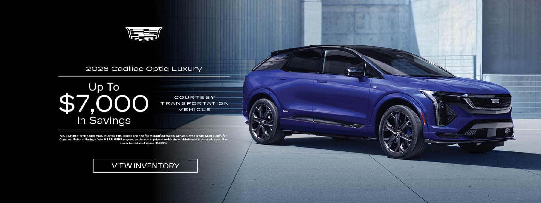 Get a new 2026 Cadillac Optiq Luxury Courtesy Transportation Vehicle with up to $7,000 in savings