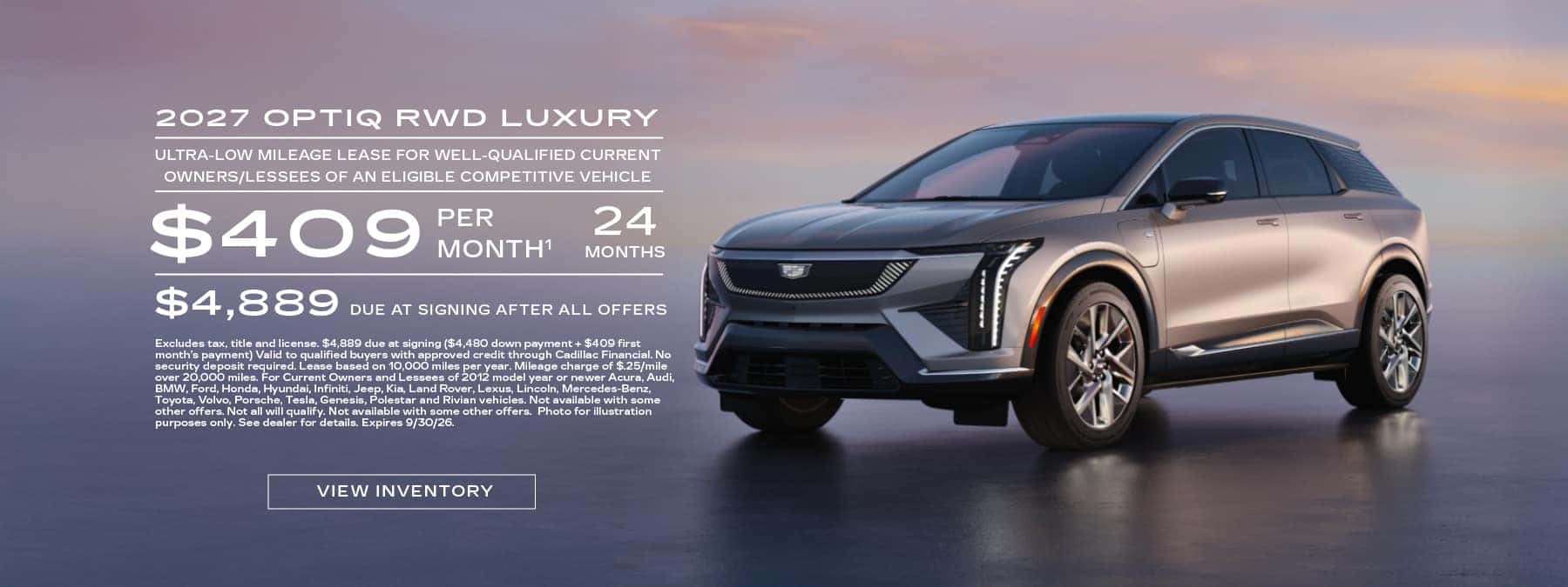 2027 OPTIQ RWD LUXURY. Ultra-low mileage lease for well-qualified current owners/lessees of an eligible competitive luxury brand vehicle. $409 per month 24 months. $4,889 due at signing after all offers.