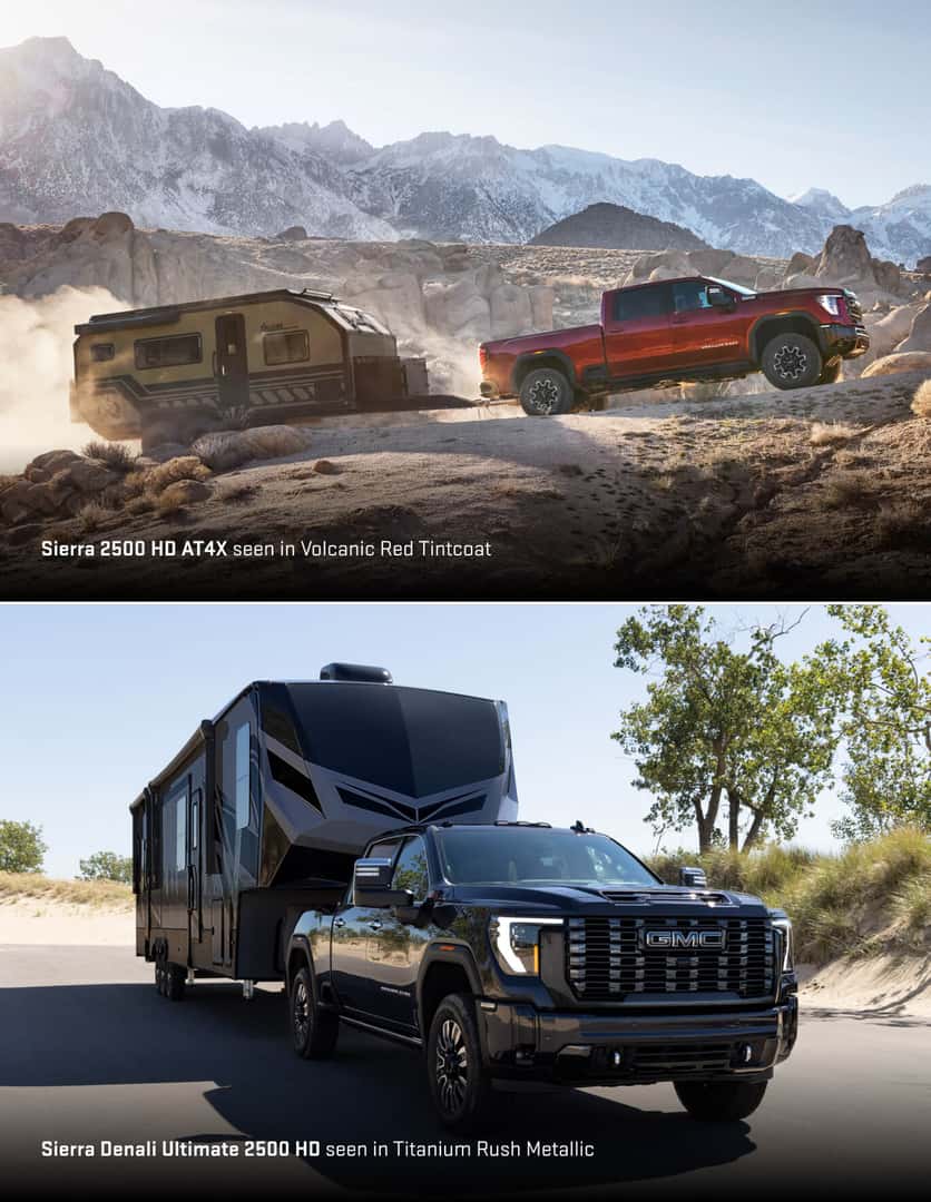 Sierra 2500 HD AT4X seen in Volanic Red Tintcoat and Sierra Denali Ultimate 2500 HD seen in Titanium Rush Metallic