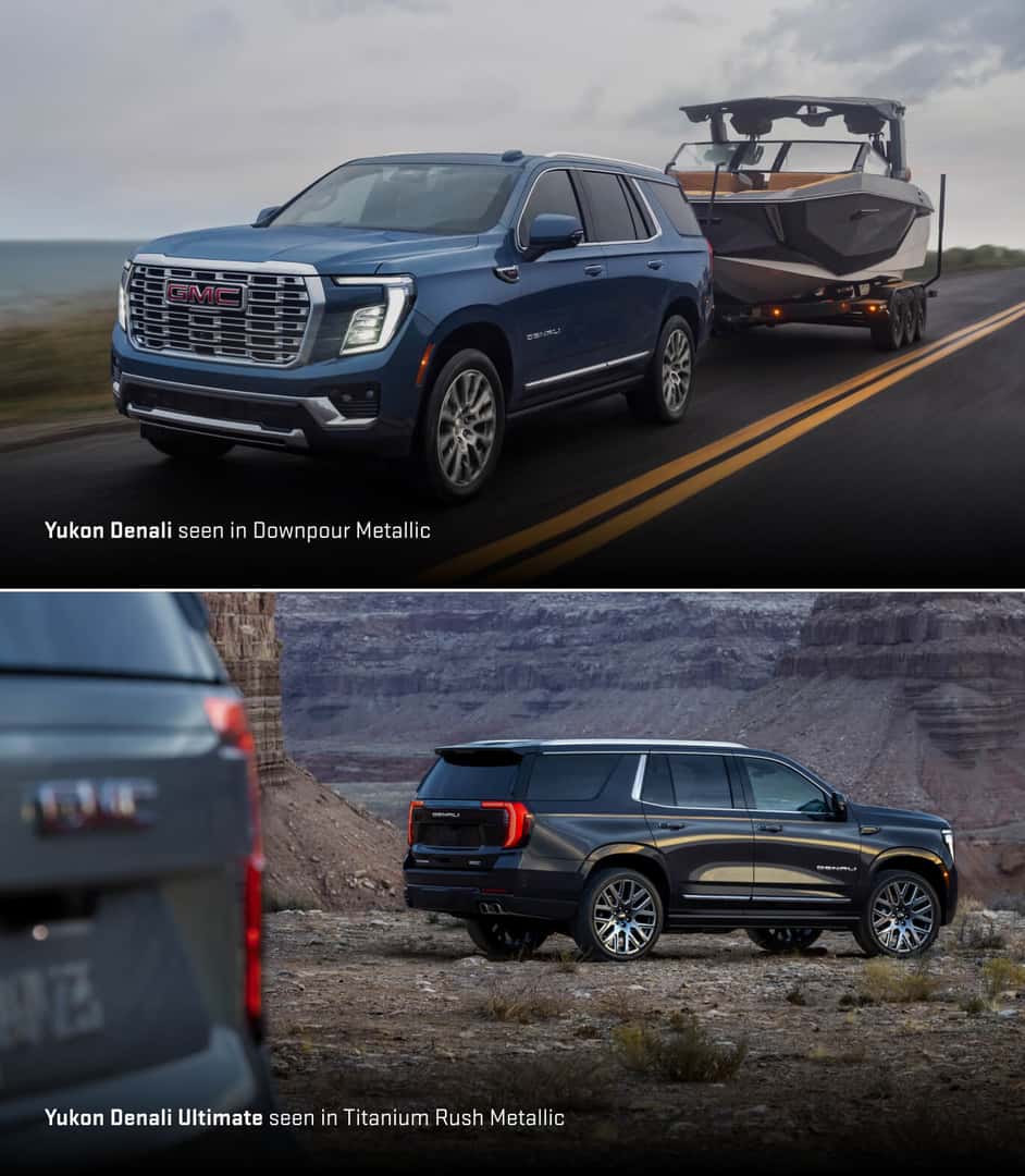 Yukon Denali seen in Downpour Metallic and Yukon Denali Ultimate seen in Titanium Rush Metallic