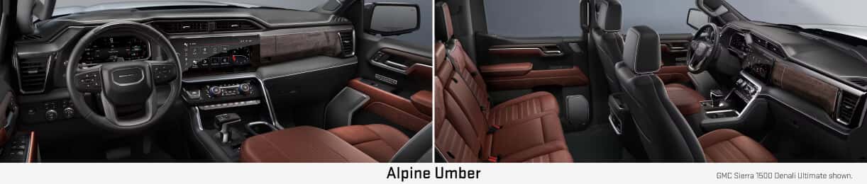 Interior views of GMC Sierra 1500 highlighting the dashboard and cabin seating in Alpine Umber.