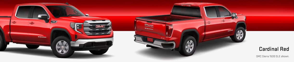 Front and rear three-quarter studio views of a Sierra 1500 in Cardinal Red.