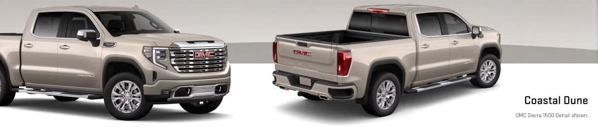 Front and rear three-quarter studio views of a Sierra 1500 in Coastal Dune.