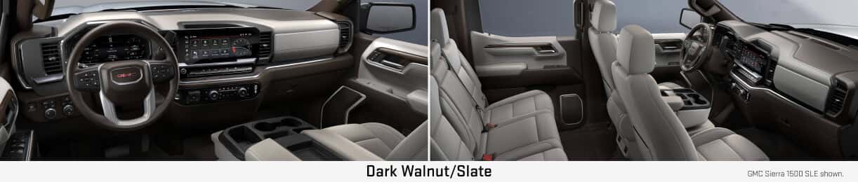 Interior views of GMC Sierra 1500 highlighting the dashboard and cabin seating in Dark Walnut/Slate.
