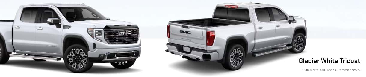 Front and rear three-quarter studio views of a Sierra 1500 in Glacier White Tricoat.