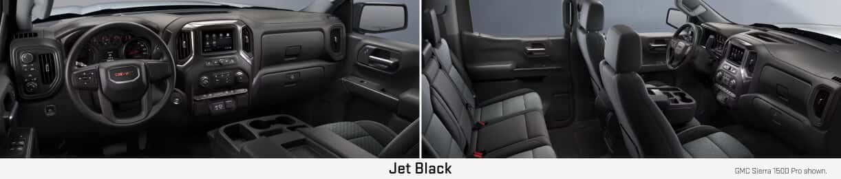 Interior views of GMC Sierra 1500 highlighting the dashboard and cabin seating in Jet Black.