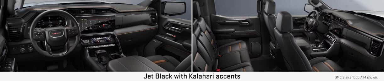 Interior views of GMC Sierra 1500 highlighting the dashboard and cabin seating in Jet Black with Kalahari Accents.
