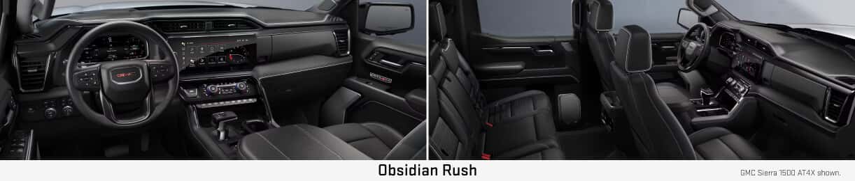 Interior views of GMC Sierra 1500 highlighting the dashboard and cabin seating in Obsidian Rush.