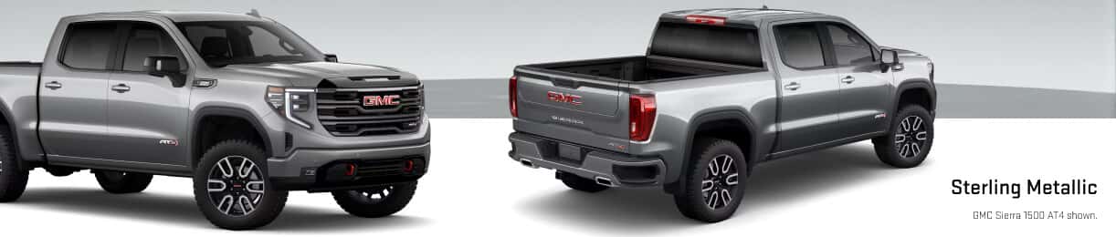 Front and rear three-quarter studio views of a Sierra 1500 in Sterling Metallic.