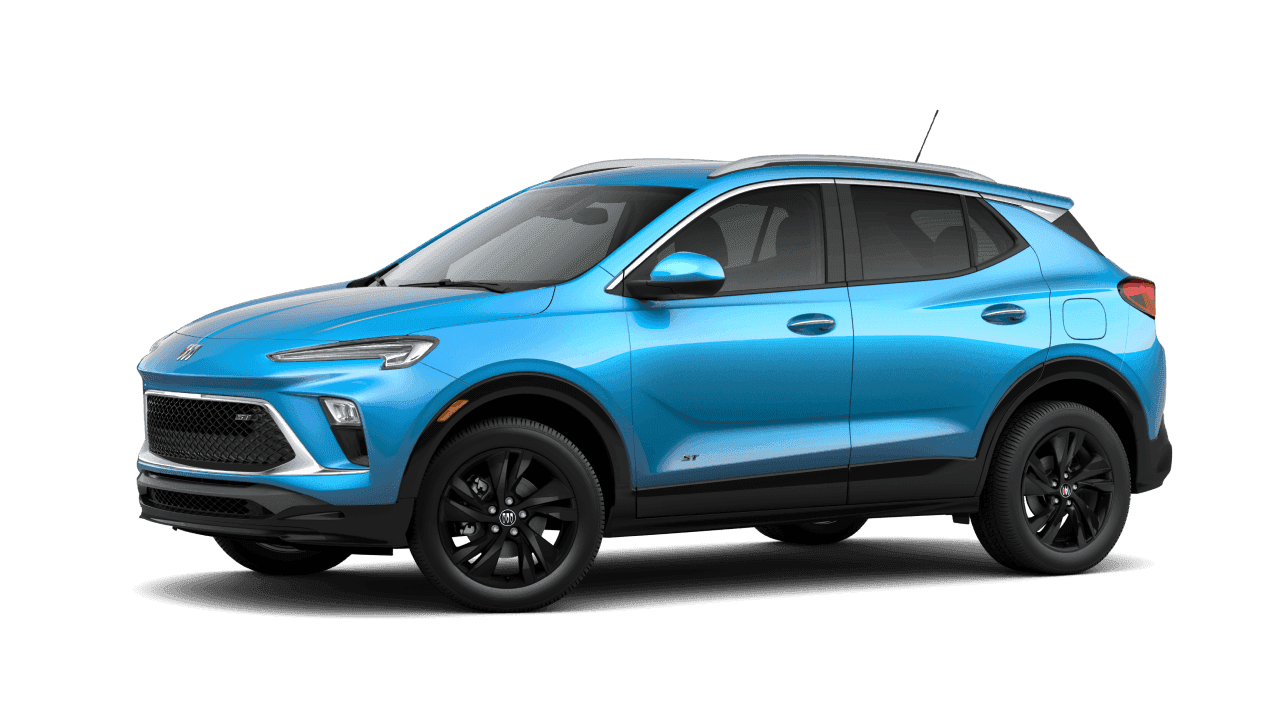 2026 Buick Encore GX Sport Touring in Aquamarine Blue Metallic three-quarter driver side studio view.