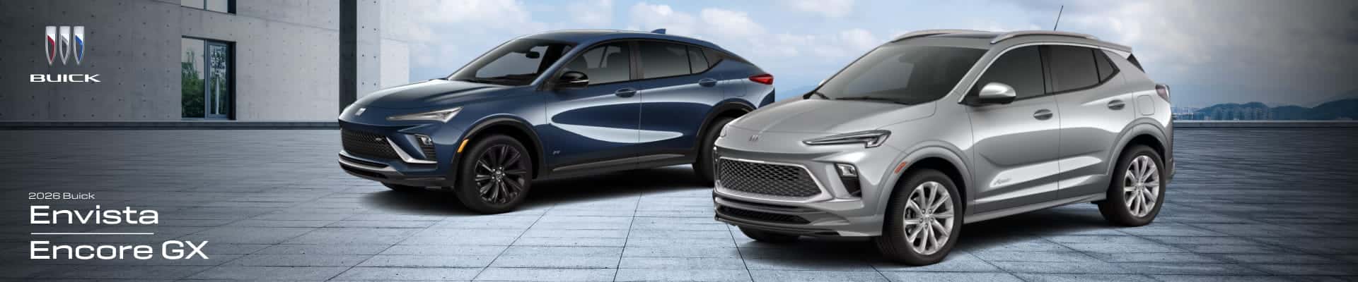 2026 Buick Envista and Encore GX, parked on a modern concrete surface. The scene is under a cloudy sky, conveying sleekness and sophistication.