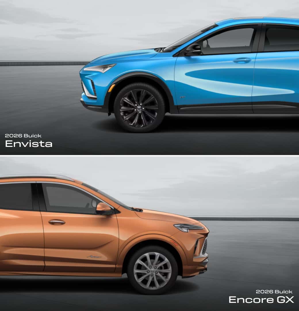 Split image showing side profiles of two 2026 Buick SUVs, top blue Envista and bottom orange Encore GX, on a smooth, grey surface.