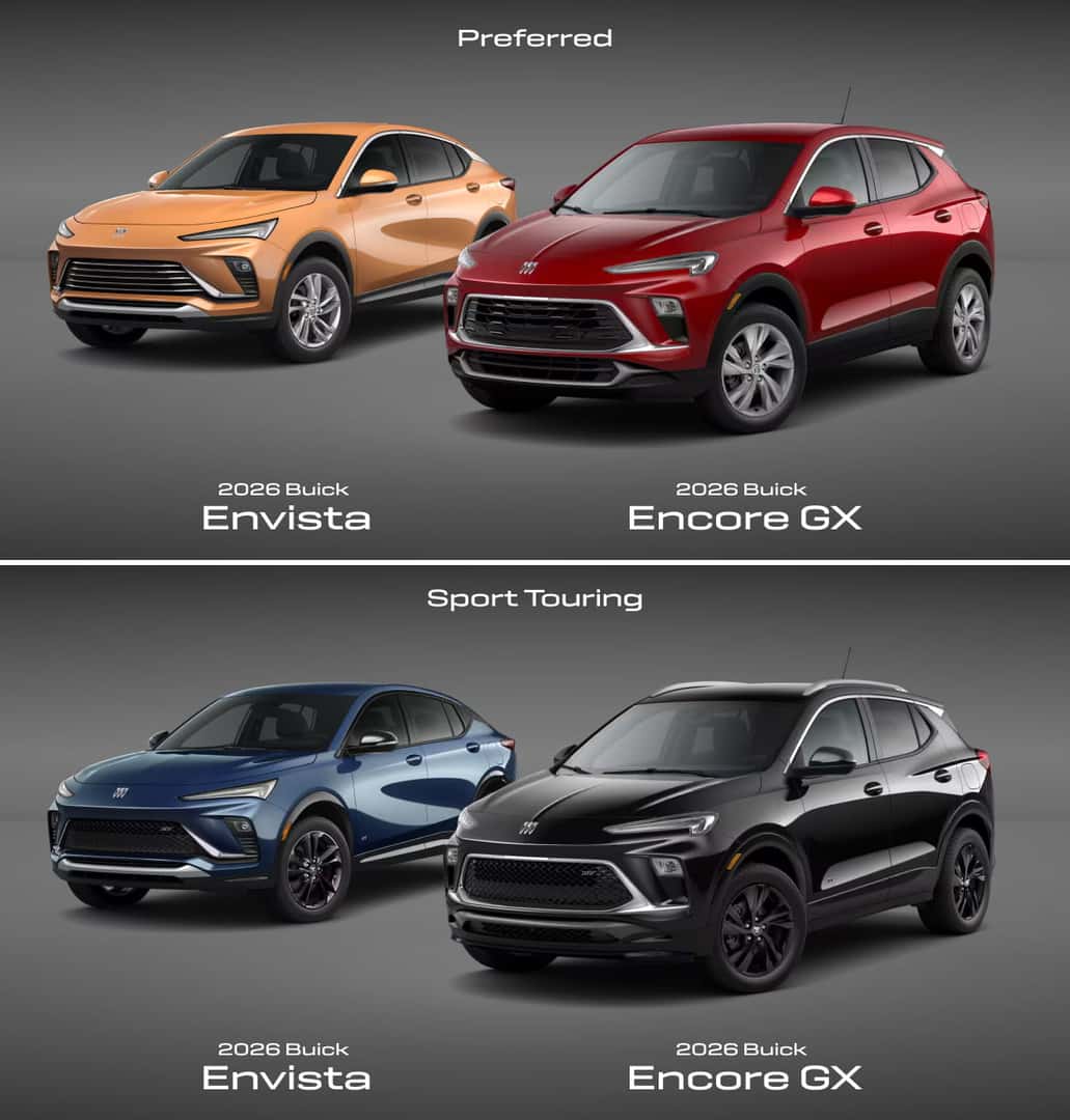 Top image shows Envista and Encore GX, labeled Preferred. Bottom image features Envista and Encore GX, labeled Sport Touring.