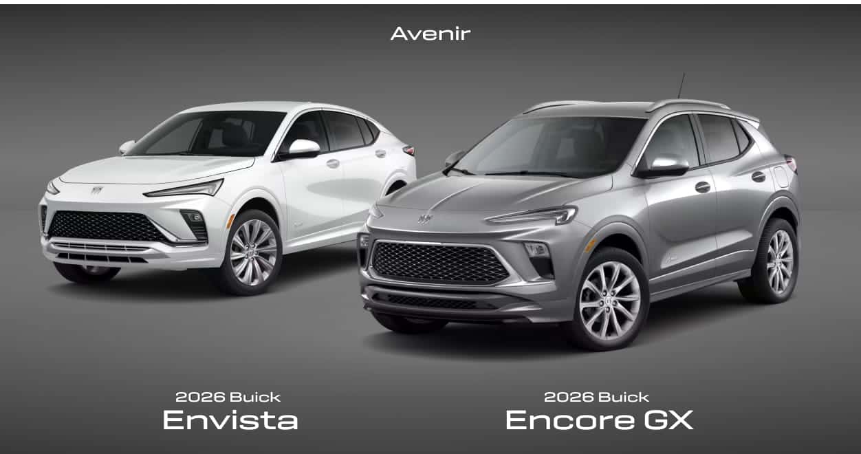 Two SUVs are displayed on a gray background: a 2026 Buick Envista and 2026 Buick Encore GX, each with sleek, modern designs.