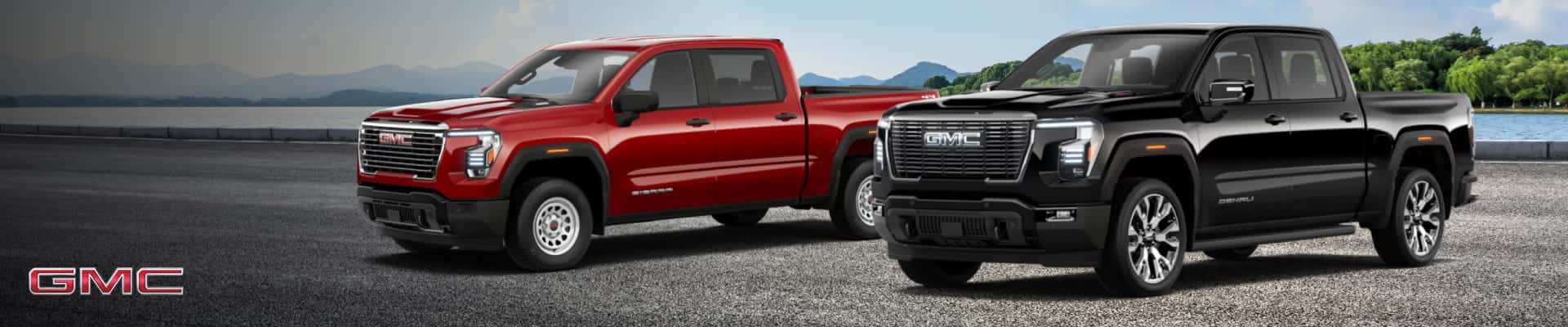 Red and black GMC Sierra pickup trucks shown side by side.
