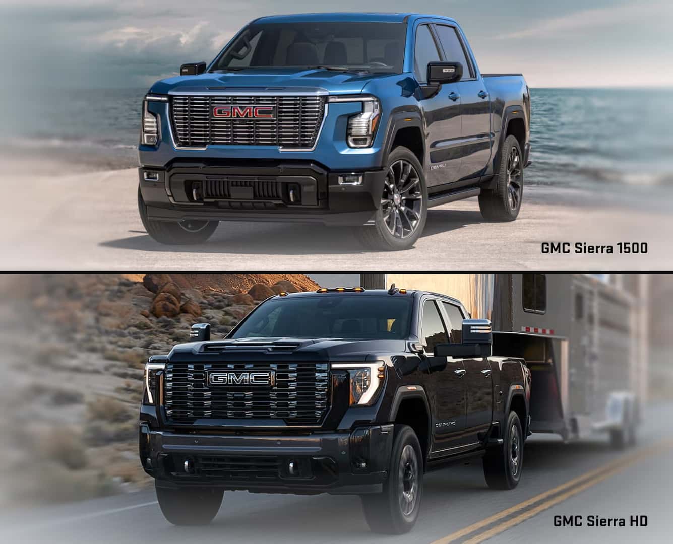 Split view featuring a gmc blue pickup truck parked by the ocean and a gmc black heavy-duty pickup truck towing a large trailer along a rocky road.