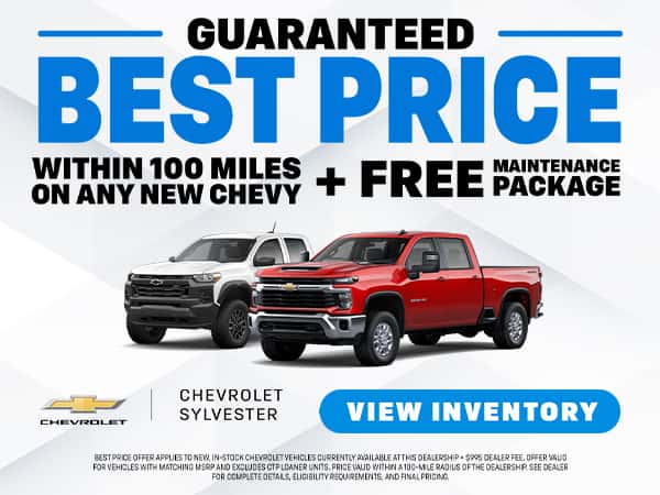Guaranteed best price within 100 miles on any new Chevy. + Free maintenance package.