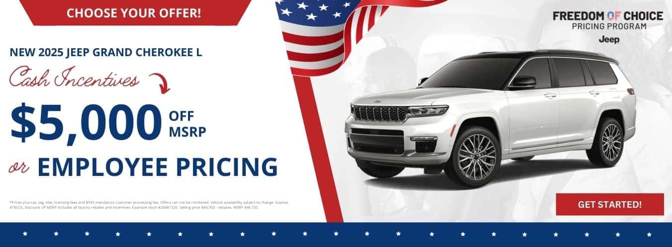 Get $5,000 Off a New 2025 Jeep Grand Cherokees at Step One Chrysler Dodge Jeep Ram Andalusia in Andalusia, AL. Select the image to view matching inventory.