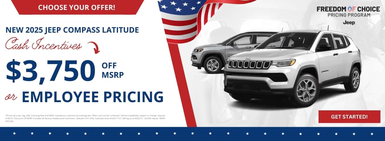 Get $3750 Off a New 2025-Jeep-Compass-Latitude at Step One Chrysler Dodge Jeep Ram Andalusia in Andalusia, AL. Select the image to view matching inventory.