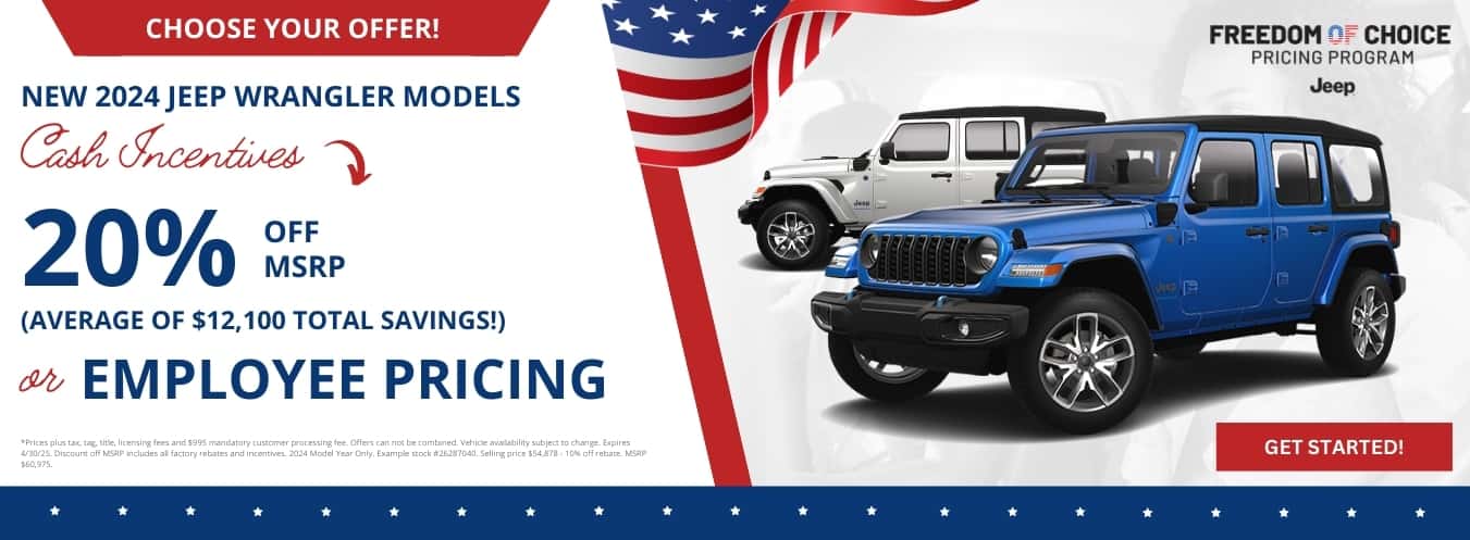 Get 20% Off a New 2024-Jeep Wrangler at Step One Chrysler Dodge Jeep Ram Andalusia in Andalusia, AL. Select the image to view matching inventory.