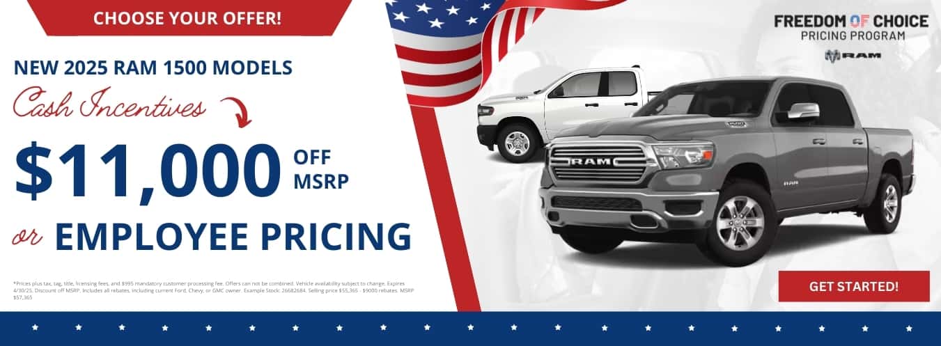 Get $11,000 Off a New 2025-RAM 1500 models at Step One Chrysler Dodge Jeep Ram Andalusia in Andalusia, AL. Select the image to view matching inventory.