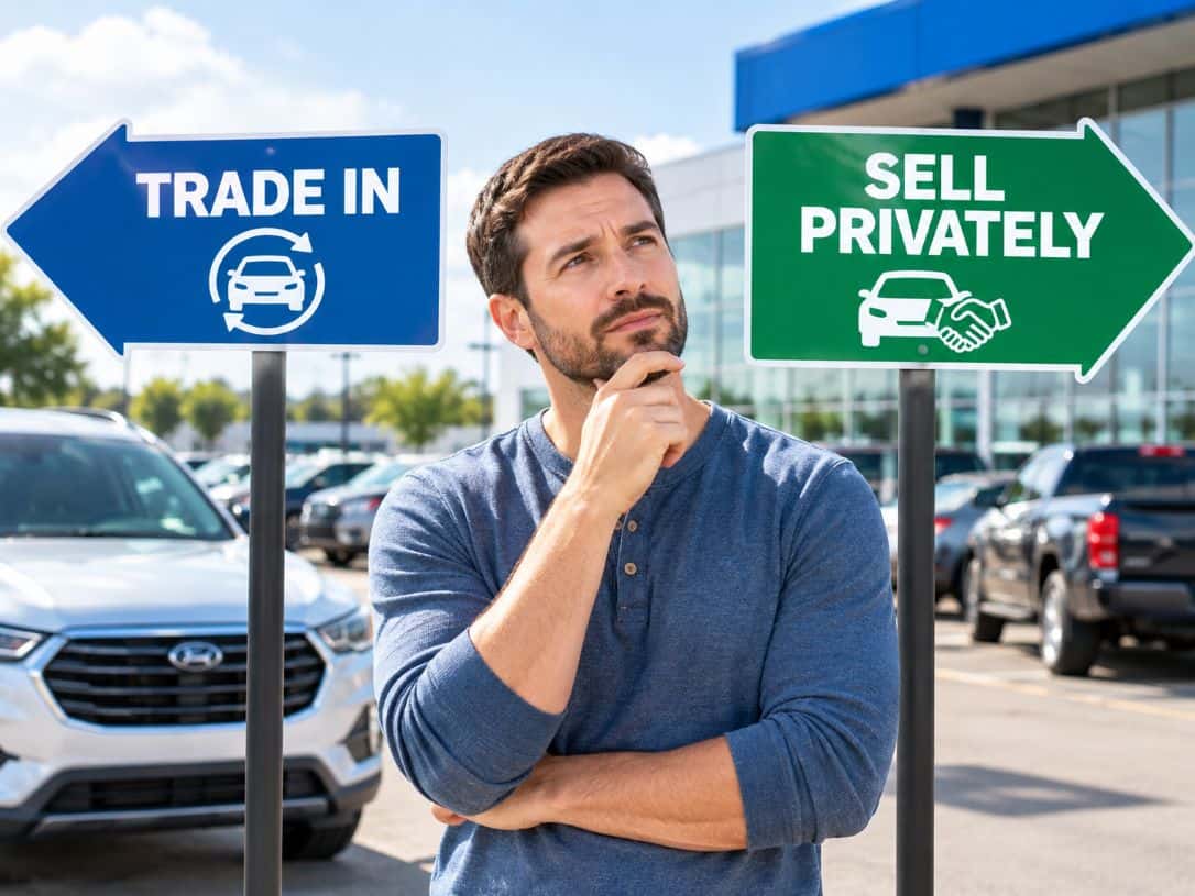 Trade In or Sell Your Car Privately Man deciding whether to trade in his car or sell it privately