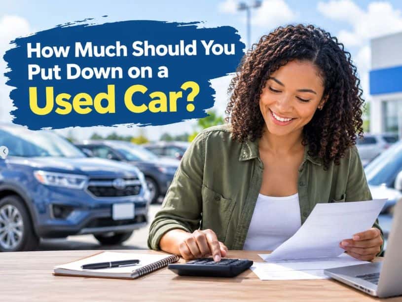 Woman reviewing how much to put down on a used car