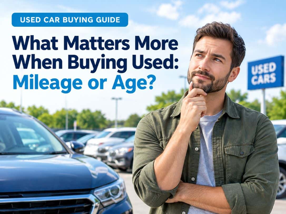 Shopper comparing used-car mileage and age at a dealership.