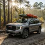 2026 GMC Acadia loaded with kayaks at Hitchcock Creek Blue Trail launch in Rockingham NC