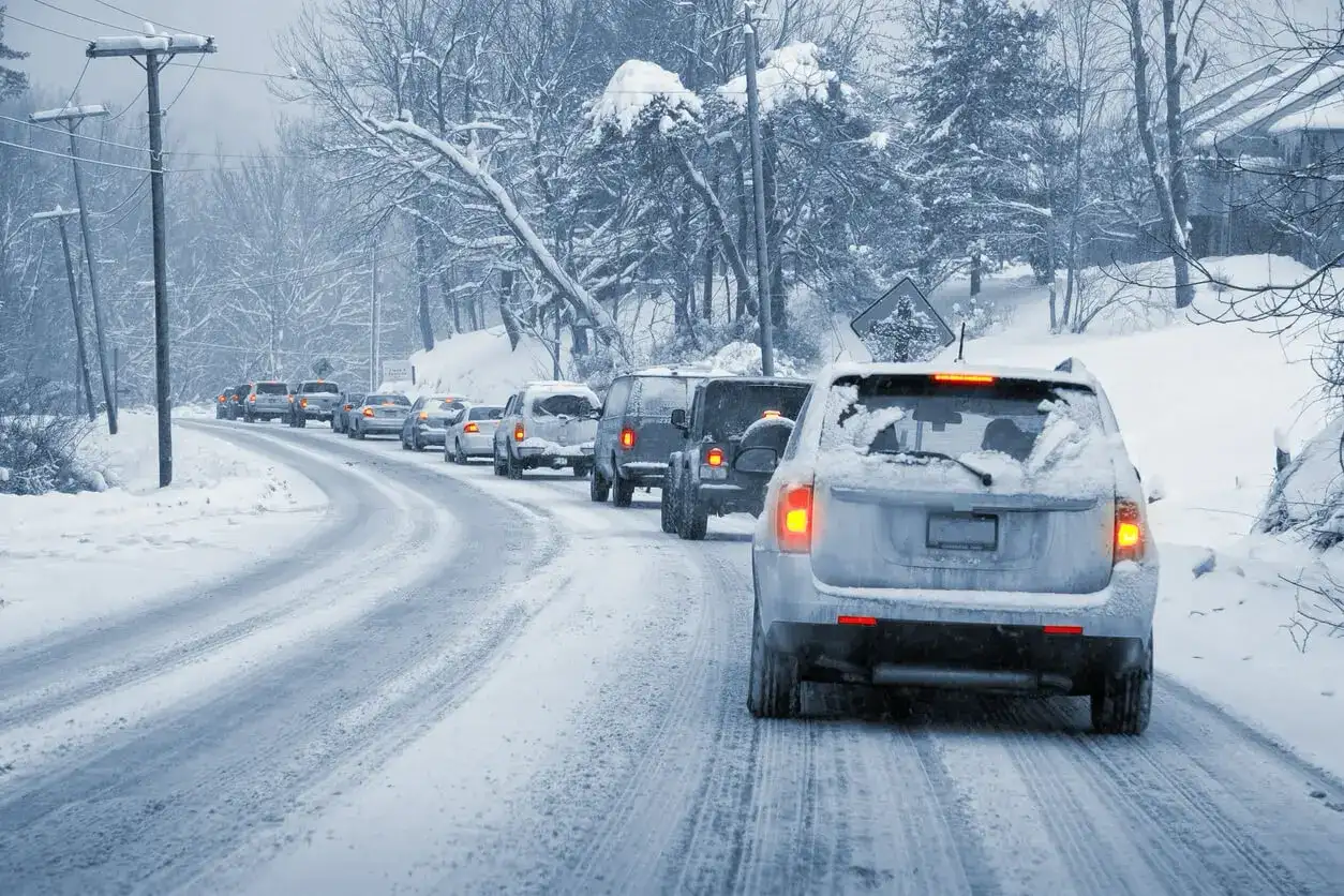 Driving during a winter storm with snow and ice