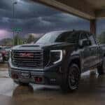 2026 GMC Sierra 1500 parked under carport cover during North Texas hailstorm with storm clouds overhead