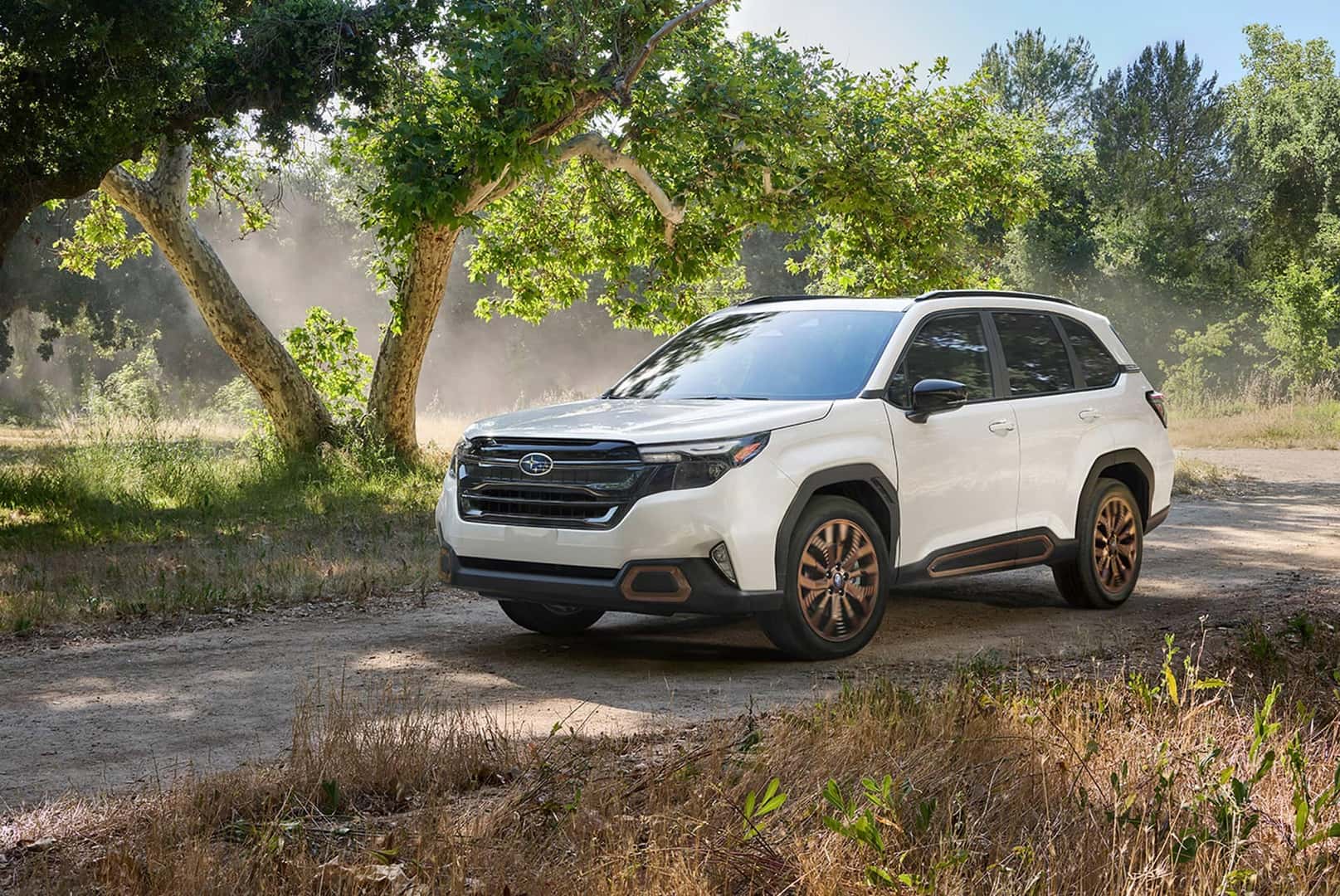 2025 white Subaru Forester in a scenic field