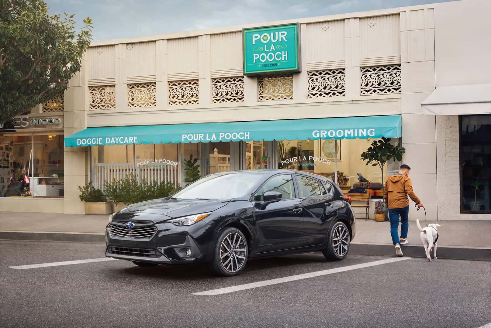 2025 Subaru Impreza parked in front of a pet groomers