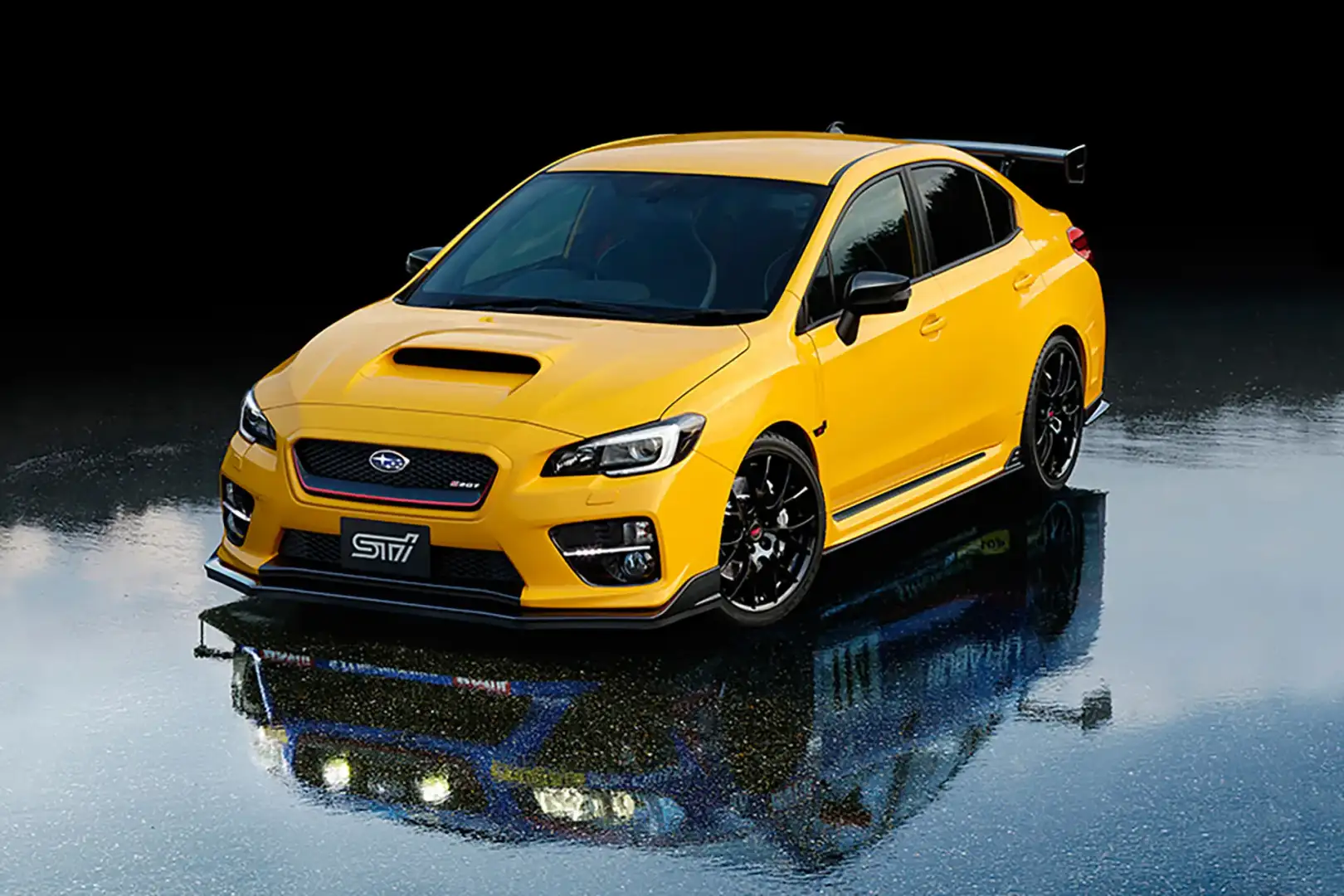 2026 WRX Yellow image with reflection of the rally WRX below