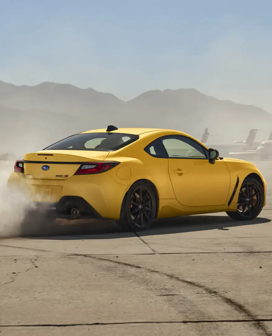 2026 yellow BRZ drifting on a dirt track