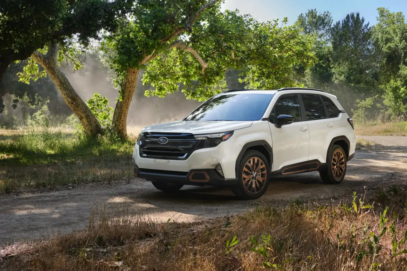 White Subaru Forester Sport parked off road under a tree