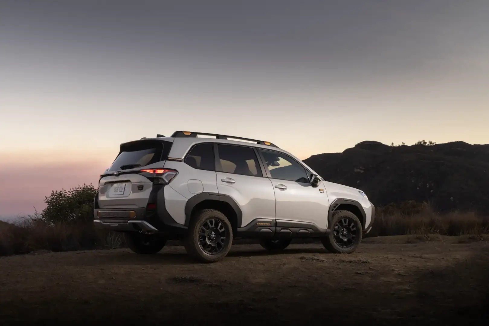 Rear view of the 2026 Subaru Forester Wilderness parked in grass by a lake at sundown
